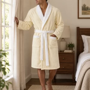 Bata de toalla natural con cuello blanco, hombre adulto junto a una ventana. Escena ilustrativa con IA.